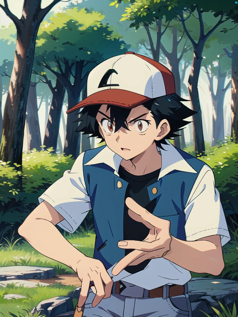 anime artwork, 1boy, OGAshK, baseball cap, black hair, short hair, spiked hair, brown eyes, outdoors, forest, woods, trees, blue jacket with white sleeves, black shirt, jeans, upper body, anime style, vibrant, highly detailed, 