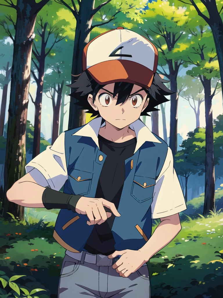 anime artwork, 1boy, OGAshK, baseball cap, black hair, short hair, spiked hair, brown eyes, outdoors, forest, woods, trees, blue jacket with white sleeves, black shirt, jeans, upper body, anime style, vibrant, highly detailed, 