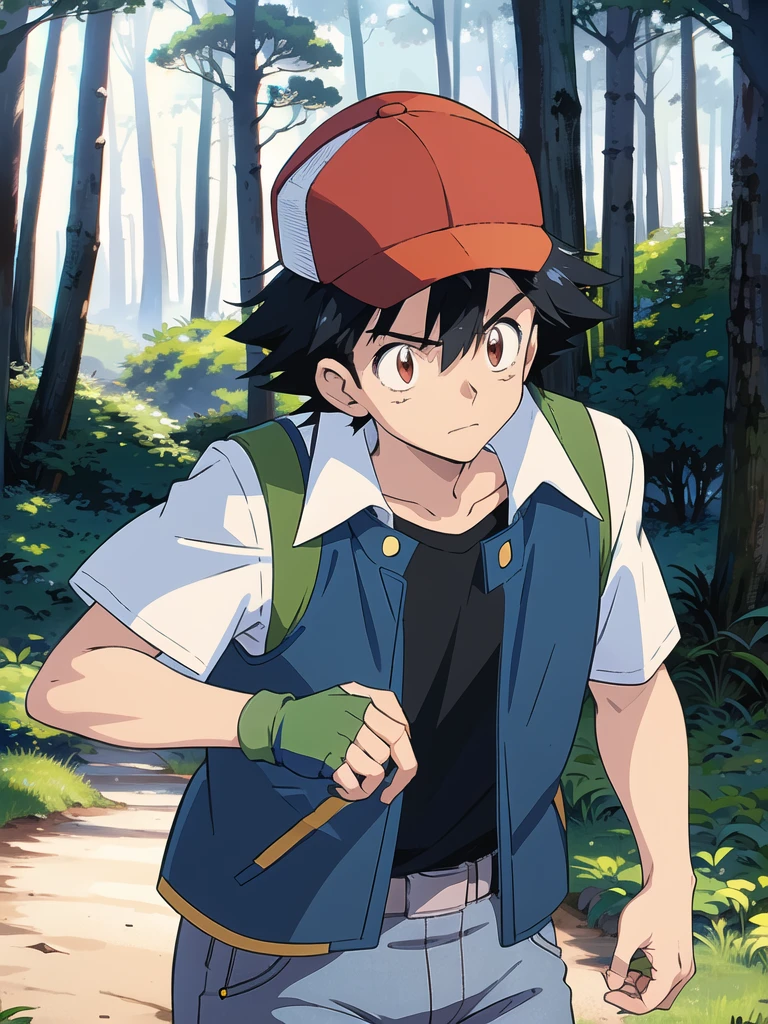 anime artwork, 1boy, OGAshK, baseball cap, black hair, short hair, spiked hair, brown eyes, outdoors, forest, woods, trees, blue jacket with white sleeves, black shirt, jeans, upper body, anime style, vibrant, highly detailed, 