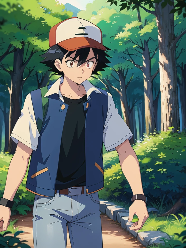 anime artwork, 1boy, OGAshK, baseball cap, black hair, short hair, spiked hair, brown eyes, outdoors, forest, woods, trees, blue jacket with white sleeves, black shirt, jeans, upper body, anime style, vibrant, highly detailed, 