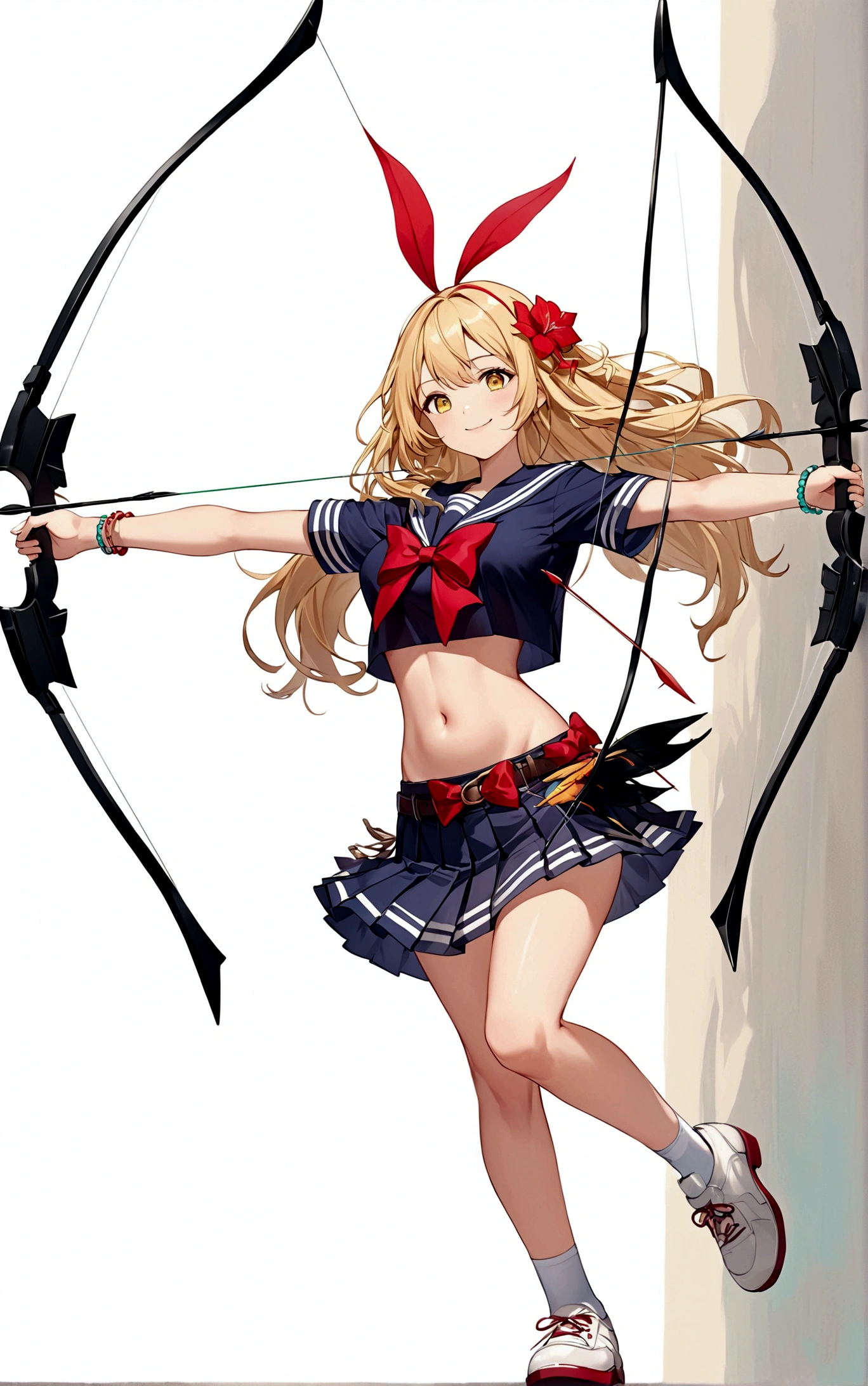 (((He arches his back like a shrimp and shoots an arrow.))),One girl, alone, Long Hair, chest, smile, skirt, Blonde, Simple Background, White Background, bow, belly button, Holding, Yellow Eyes, whole body, arms, Short sleeve, pleated skirt, Red flower hair ornament, shoes, shoes下, abdomen, belt, miniskirt, bowtie, Sailor collar, Stomach, Holding arms, bracelet, Crop top, Outstretched arms, white shoes下, bow \(arms\), Arrow \(Projectile\), loose shoes下, Holding bow \(arms\), aim, Holding Arrow, drawing bow