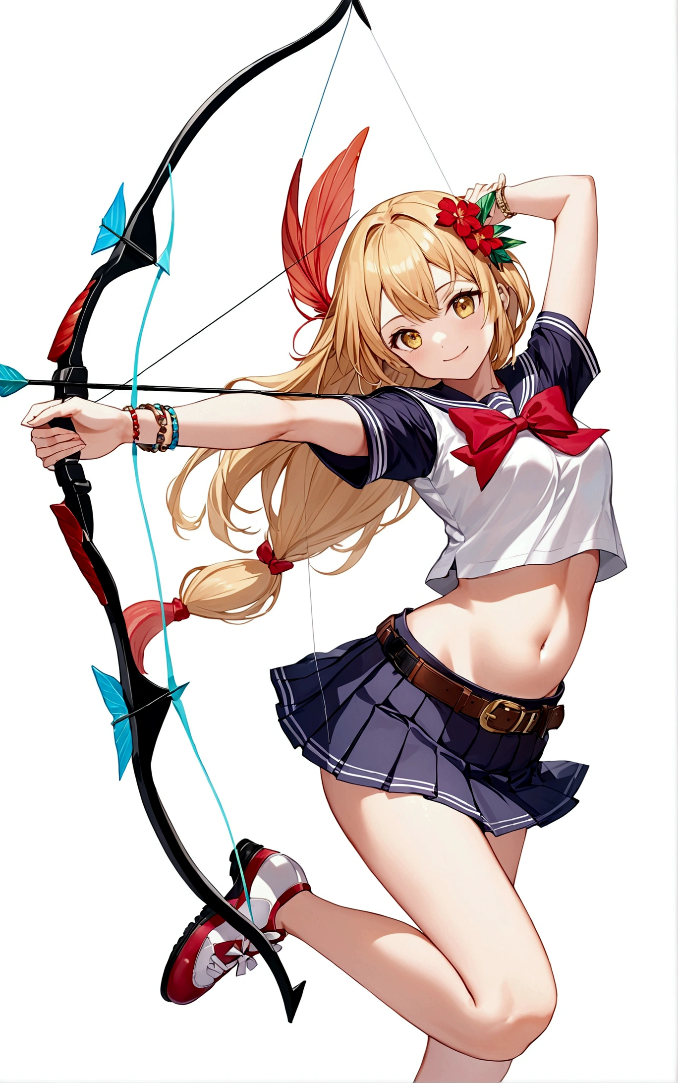(((He arches his back like a shrimp and shoots an arrow.))),One girl, alone, Long Hair, chest, smile, skirt, Blonde, Simple Background, White Background, bow, belly button, Holding, Yellow Eyes, whole body, arms, Short sleeve, pleated skirt, Red flower hair ornament, shoes, shoes下, abdomen, belt, miniskirt, bowtie, Sailor collar, Stomach, Holding arms, bracelet, Crop top, Outstretched arms, white shoes下, bow \(arms\), Arrow \(Projectile\), loose shoes下, Holding bow \(arms\), aim, Holding Arrow, drawing bow