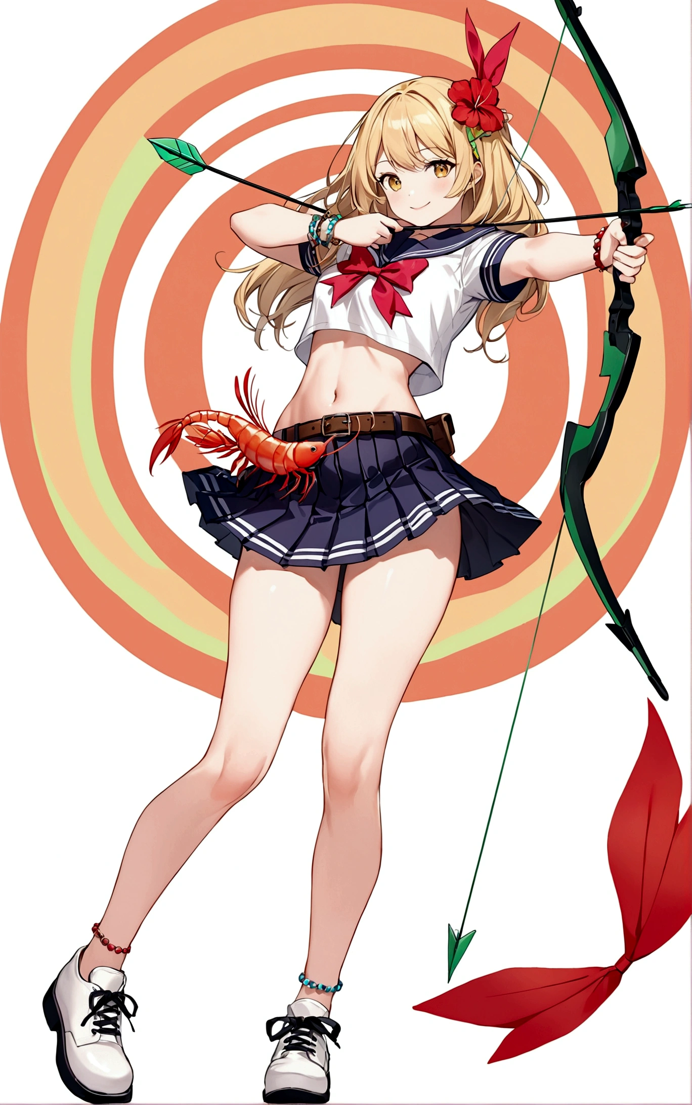 (((He arches his back like a shrimp and shoots an arrow.))),One girl, alone, Long Hair, chest, smile, skirt, Blonde, Simple Background, White Background, bow, belly button, Holding, Yellow Eyes, whole body, arms, Short sleeve, pleated skirt, Red flower hair ornament, shoes, shoes下, abdomen, belt, miniskirt, bowtie, Sailor collar, Stomach, Holding arms, bracelet, Crop top, Outstretched arms, white shoes下, bow \(arms\), Arrow \(Projectile\), loose shoes下, Holding bow \(arms\), aim, Holding Arrow, drawing bow