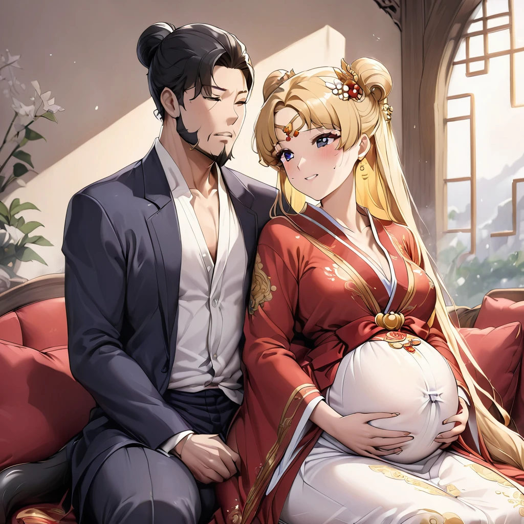 ((Highest quality)), ((masterpiece)), (detailed), （Perfect Face）、The woman is a Chinese woman named Tsukino Usagi, wearing a gorgeous, glittering red Hanfu with lots of gold embroidery, a gorgeous hair ornament, gorgeous jeweled accessories and an engagement ring. The woman and the man are sitting on a gorgeous, large sofa in a gorgeous room, and the woman is passionately embracing and passionately deep kissing the middle-aged Chinese man wearing a dignified and sturdy Hanfu, making passionate love as husband and wife.、The woman is the elegant Tsukino Usagi, a Chinese woman with long blonde hair in a chignon twin tail and wearing a red Hanfu with gorgeous gold embroidery all over it.、The man is a dignified, muscular, bearded, middle-aged Chinese man wearing the traditional Chinese dress, Hanfu.、the woman is pregnant