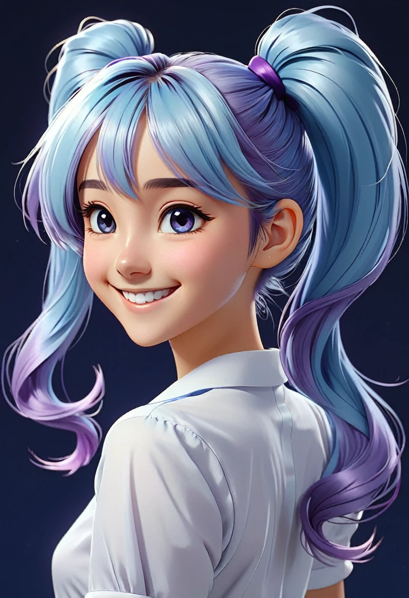 Cute light blue hair with light purple ends. An anime girl with double ponytails and long hair wearing a white fir shirt looking back and smiling. A happy and lively character standing on a simple abstract dark blue background, close-up.( perfect anatomy )
Beautiful and extremely fine texture,detailed, bright, High-quality animation style presentation