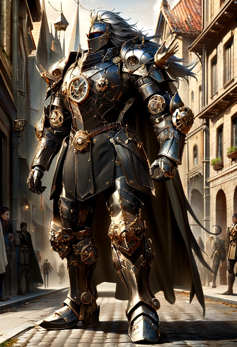 Lion Knight wearing combat uniform, on the street, black armor, Clock designs