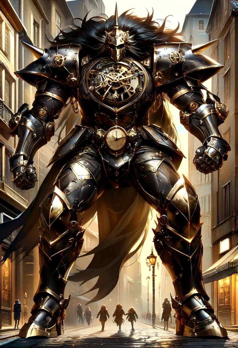 Lion Knight wearing combat uniform, on the street, black armor, Clock designs
