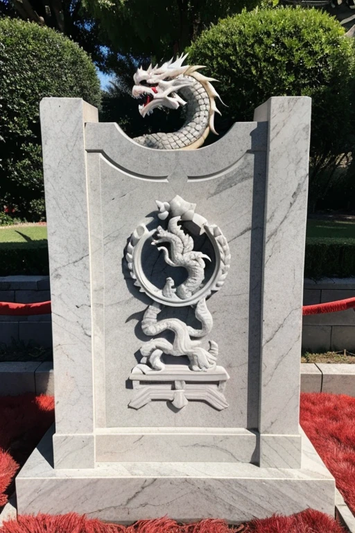 A tombstone has a traditional Chinese dragon surrounding a marble material