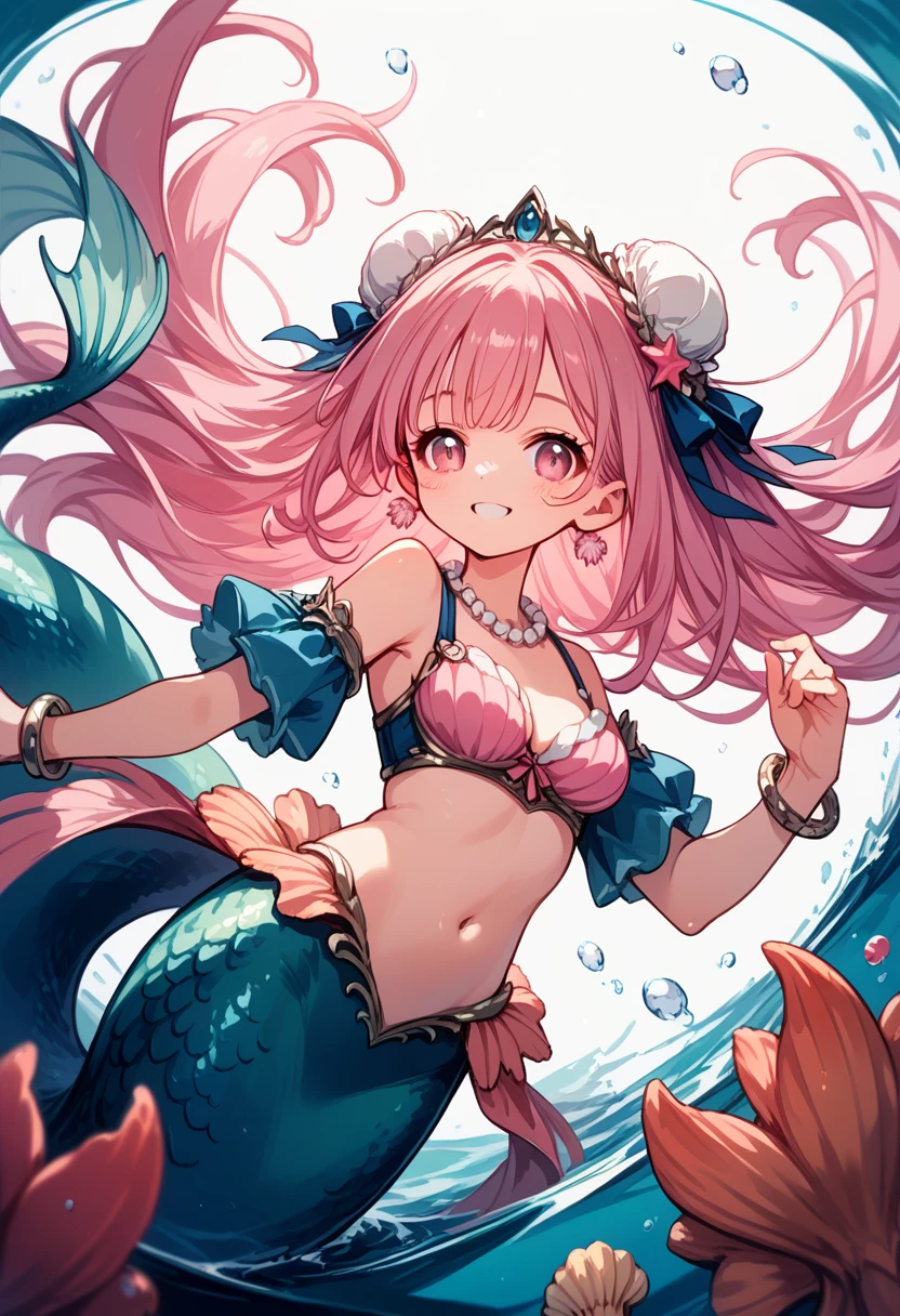 Very detailed, masterpiece, high quality, magically transformed into a mermaid、cute anthropomorphic mouse girl, Fantasy, Race change, smile, Anime Style, A long pink mermaid tail that falls below the waistline, Pink pelvic fin and pink dorsal fin,(((whole bodyピンク色))),(((Seashell bra))), pearl earrings and bracelet, Pearl Necklace,masterpiece, 最high quality, High resolution, {Detailed and beautiful eyes}, finely,  Detailed and beautiful eyes,1 Girl, (alone:1.5),  (((Hair Ribbon:0.4)))), Pink Eyes,Cinematic Angles,perspective,(((White bun hair))),(((Long pink hair))),whole body,Kunimi Tama,
