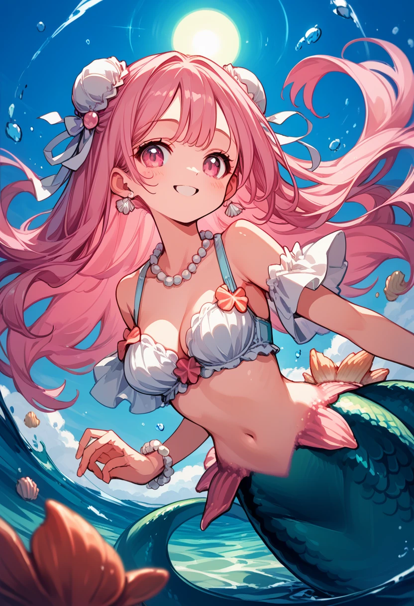 Very detailed, masterpiece, high quality, magically transformed into a mermaid、cute anthropomorphic mouse girl, Fantasy, Race change, smile, Anime Style, A long pink mermaid tail that falls below the waistline, Pink pelvic fin and pink dorsal fin,(((whole bodyピンク色))),(((Seashell bra))), pearl earrings and bracelet, Pearl Necklace,masterpiece, 最high quality, High resolution, {Detailed and beautiful eyes}, finely, Detailed and beautiful eyes,1 Girl, (alone:1.5), (((Hair Ribbon:0.4)))), Pink Eyes,Cinematic Angles,perspective,(((White bun hair))),(((Long pink hair))),whole body,Kunimi Tama,