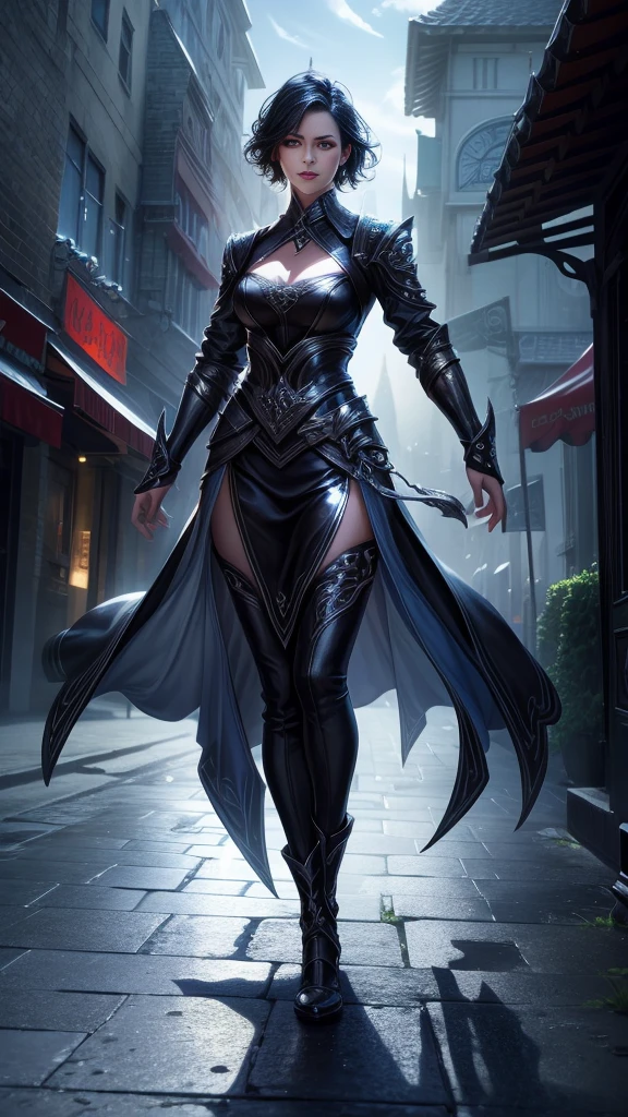 best quality, (RAW photo:1.2), (masterpiece:1.4), (highres:1.4), depth of field, intricately detailed, 8k, extremely detailed, perfect lighting, epic background, solo, super fine photo, full body digital art Unreal Engine 5 8K UHD of a girl, concept art, character concept design, vampire queen, white skin, gothic leather clothes, red eyes, mouth with blood, seductive face, wavy short hair, fantasy fashion design, walking in town, night time background, best quality, masterpiece, super detailed, sharp focus, female pose