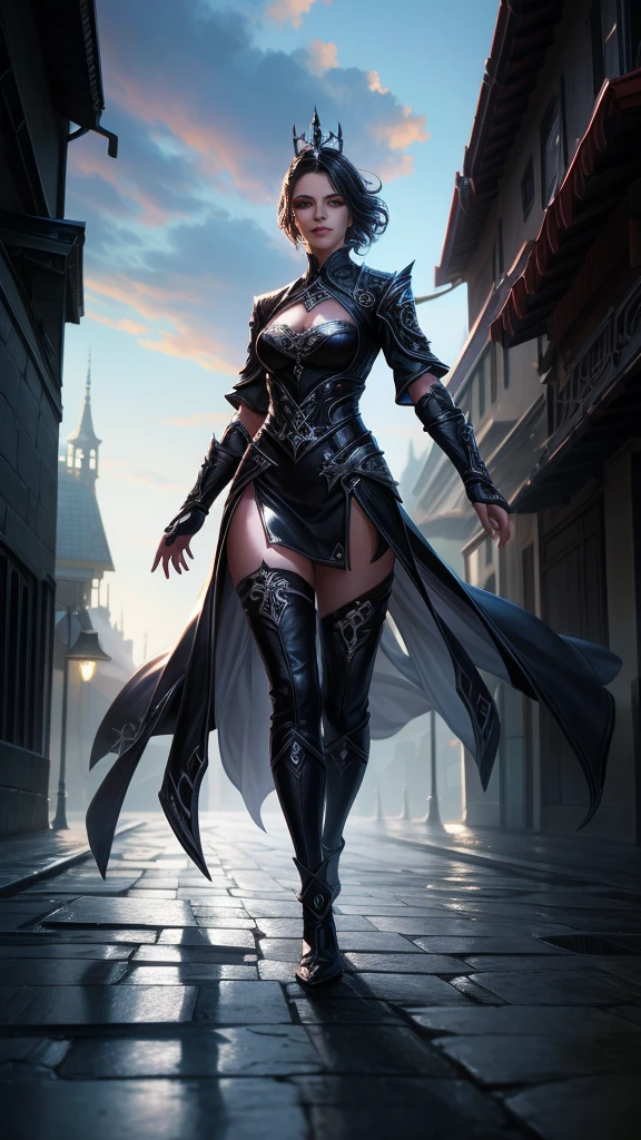 best quality, (RAW photo:1.2), (masterpiece:1.4), (highres:1.4), depth of field, intricately detailed, 8k, extremely detailed, perfect lighting, epic background, solo, super fine photo, full body digital art Unreal Engine 5 8K UHD of a girl, concept art, character concept design, vampire queen, white skin, gothic leather clothes, red eyes, mouth with blood, seductive face, wavy short hair, fantasy fashion design, walking in town, night time background, best quality, masterpiece, super detailed, sharp focus, female pose
