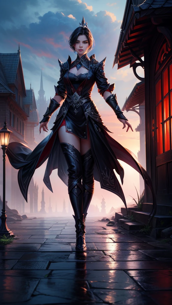best quality, (RAW photo:1.2), (masterpiece:1.4), (highres:1.4), depth of field, intricately detailed, 8k, extremely detailed, perfect lighting, epic background, solo, super fine photo, full body digital art Unreal Engine 5 8K UHD of a girl, concept art, character concept design, vampire queen, white skin, gothic leather clothes, red eyes, mouth with blood, seductive face, wavy short hair, fantasy fashion design, walking in town, night time background, best quality, masterpiece, super detailed, sharp focus, female pose