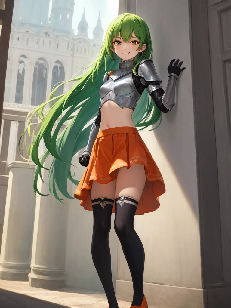 ((best quality)), ((masterpiece)), (detailed), palace, 1girl, 20 years old, full body portrait, very long green hair, beautiful green hair, smile, standing, archer, orange boots visible, orange shoes visible, orange shoes, orange tall boots, orange knee-high boots, orange knees, orange waist, orange abdomen, orange midriff, silver breastplate, silver armor shoulder guards, silver gauntlets, high-waisted short orange wrap skirt, small skirt