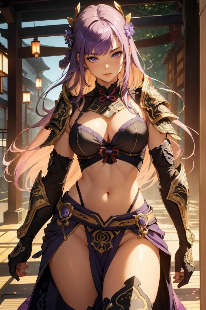 ((1girl, solo)), beautiful body, (perfect anatomy, perfect body, perfect hands, perfect legs), natural proportions, y body, large bre(full body, full body front)) BREAK
((extremely detailed face)), (beautiful detailed eyes:1.6), (realistic pupils, realistic iris:1), expressive eyes, looking at viewer, (clear eyes:1.3), (hyperrealistic:1.2), (detailed skin texture:1.2), smooth skin, raiden shogun, (purple hair:1.5), (purple eyes), long hair, very long hair, braid, ((braided ponytail)), bangs, parted bangs, hair ornament, hair tie, ((mature fem ((little smile)), (detailed lips:1.2), (attractive lips:1.1), (glossy lips:1.1), (parted lips), perfect face, perfect eyes BREAK
(revealing clothes:1.5), (japanese armor:1.5), (samurai armor), (groin:1.5), (((highleg))), bikini armor, pelvic curtain, partially visible vulva BREAK
(masterpiece:1.5), anime-style, top quality, best quality, (beautiful and aesthetic:1.2), (ultra detail:1.5), Ultra-detailed depiction, Ultra-precise depiction, extremely detailed 8k illustration, high resolution, (highly detailed shading:1.2), (realistic lighting:1.4), perfect lighting, vibrant colors, dynamic tones, striking hues, 8k, absurd resolution, perfect shadows, hdr, UHD, ambient lighting, realistic, ultra-realistic, photo realistic, highly detailed, rich detail, luminous colors, fine texture, intricate design, professional illustration, (soft light:1.2), (illustration:0.7)