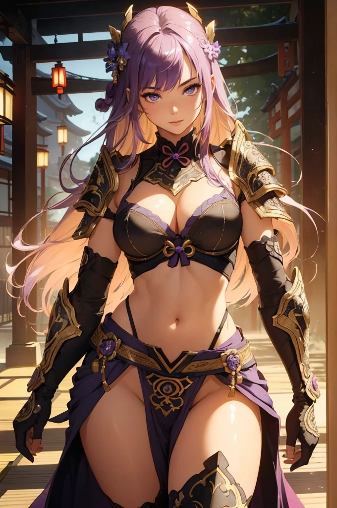 ((1girl, solo)), beautiful body, (perfect anatomy, perfect body, perfect hands, perfect legs), natural proportions, sexy body, large breasts, ((full body, full body front)) BREAK
((extremely detailed face)), (beautiful detailed eyes:1.6), (realistic pupils, realistic iris:1), expressive eyes, looking at viewer, (clear eyes:1.3), (hyperrealistic:1.2), (detailed skin texture:1.2), smooth skin, raiden shogun, (purple hair:1.5), (purple eyes), long hair, very long hair, braid, ((braided ponytail)), bangs, parted bangs, hair ornament, hair tie, ((mature female)), ((little smile)), (detailed lips:1.2), (attractive lips:1.1), (glossy lips:1.1), (parted lips), perfect face, perfect eyes BREAK
(revealing clothes:1.5), (japanese armor:1.5), (samurai armor), (groin:1.5), (((highleg))), bikini armor, pelvic curtain, partially visible vulva BREAK
(masterpiece:1.5), anime-style, top quality, best quality, (beautiful and aesthetic:1.2), (ultra detail:1.5), Ultra-detailed depiction, Ultra-precise depiction, extremely detailed 8k illustration, high resolution, (highly detailed shading:1.2), (realistic lighting:1.4), perfect lighting, vibrant colors, dynamic tones, striking hues, 8k, absurd resolution, perfect shadows, hdr, UHD, ambient lighting, realistic, ultra-realistic, photo realistic, highly detailed, rich detail, luminous colors, fine texture, intricate design, professional illustration, (soft light:1.2), (illustration:0.7)