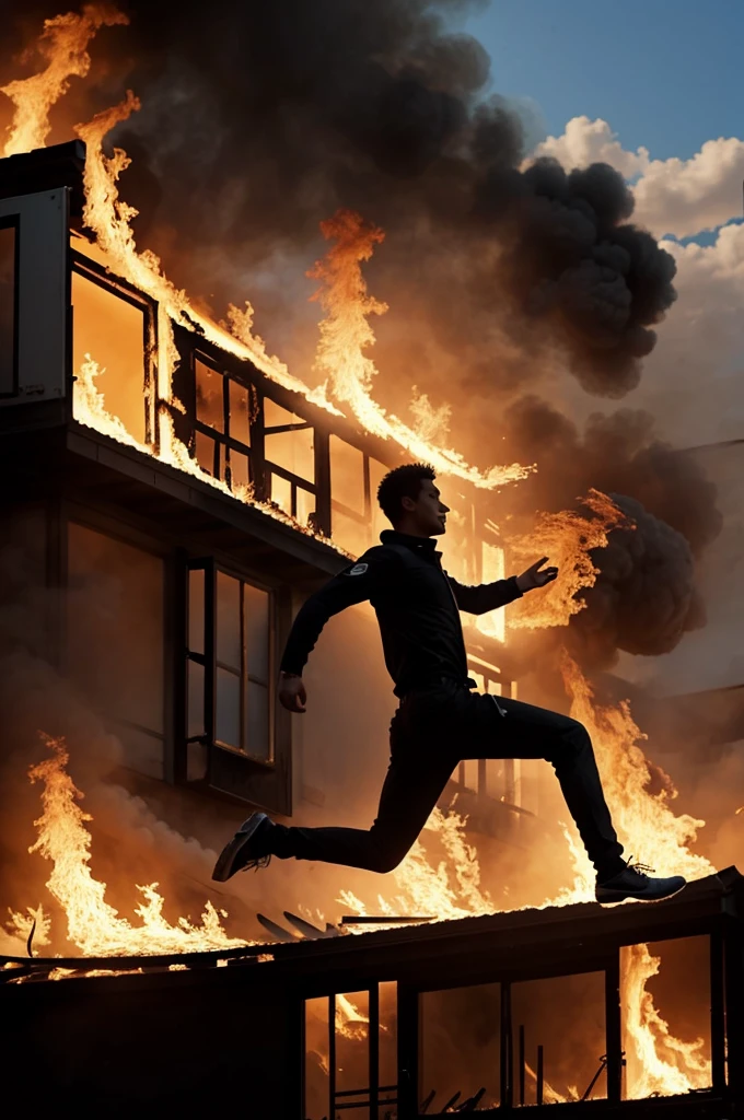 A person jumping from a burning house. I want it to be 2D and be like a computer drawing
