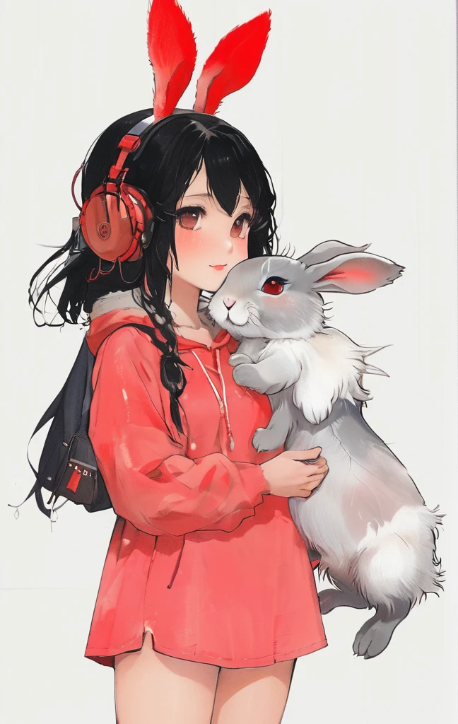 In the bright red campus"Yes"Features、Nice illustration, best quality, Cute girl, bedroom, Pastel colors, fluffy rabbit ears, , Silver long hair, Rabbit Plush Toy, Bright Lights, Light pink eyes、Solitary, A girl, contour,Black Bob, contour, Background color is solid,one example