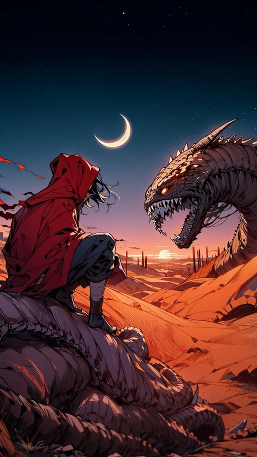 A lone ager, his face obscured by the hood of a crimson robe, kneels on a windswept rocky cliff. The harsh desert landscape stretches out before his illuminated by the soft light of a double moon in a twilight sky. A monstrous sandworm breaches the dunes in the distance, its maw agape, revealing rows of razor-sharp teeth, ((teen kneeling):1.2), ((colossal sandworm):1.2)