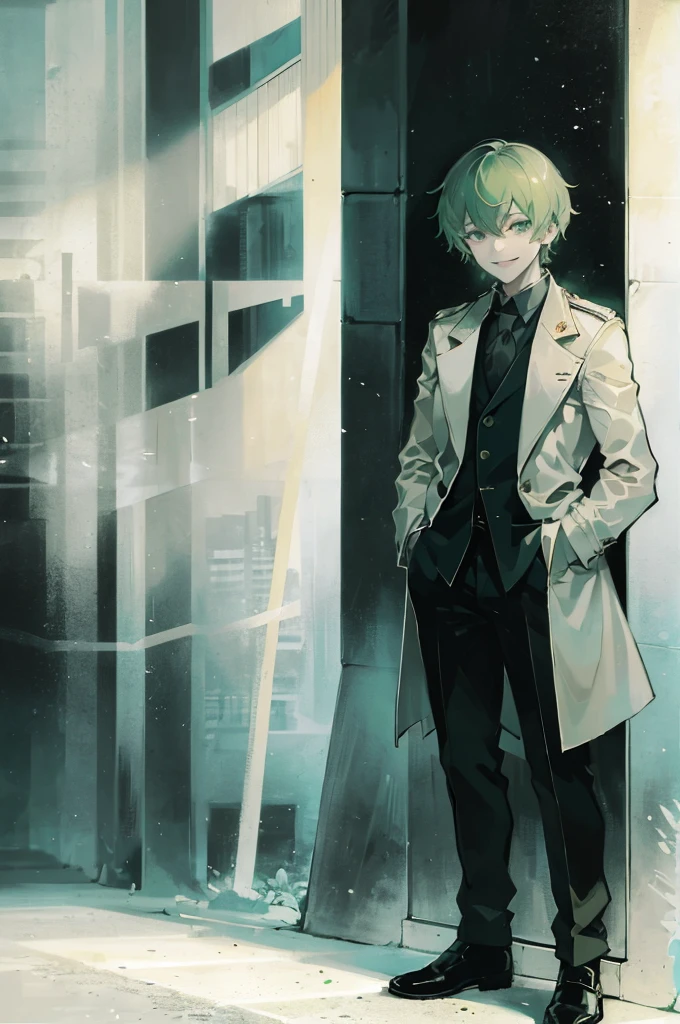 young man, green medium hair, green eyes, smiling, medium hair, wearing a pure white trench coat, wearing black pants, in one city, 4k, detailed, sui ishida art style, detailed eyes, in a sunset city
