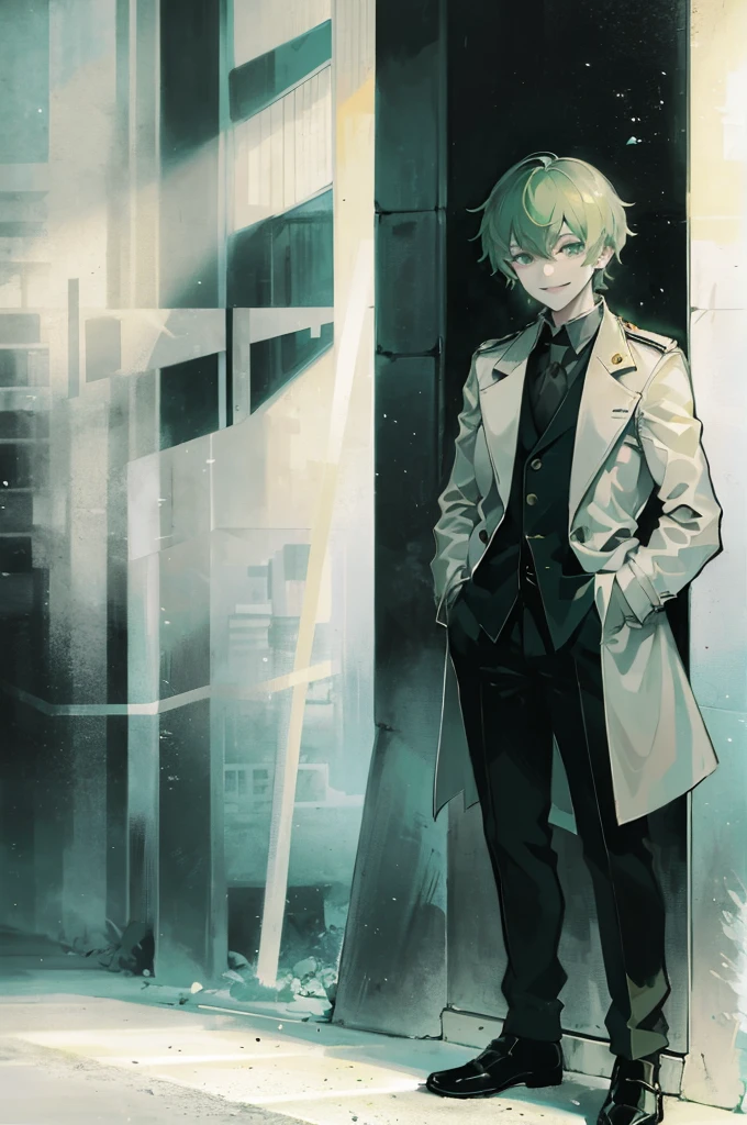 young man, green medium hair, green eyes, smiling, medium hair, wearing a pure white trench coat, wearing black pants, in one city, 4k, detailed, sui ishida art style, detailed eyes, in a sunset city
