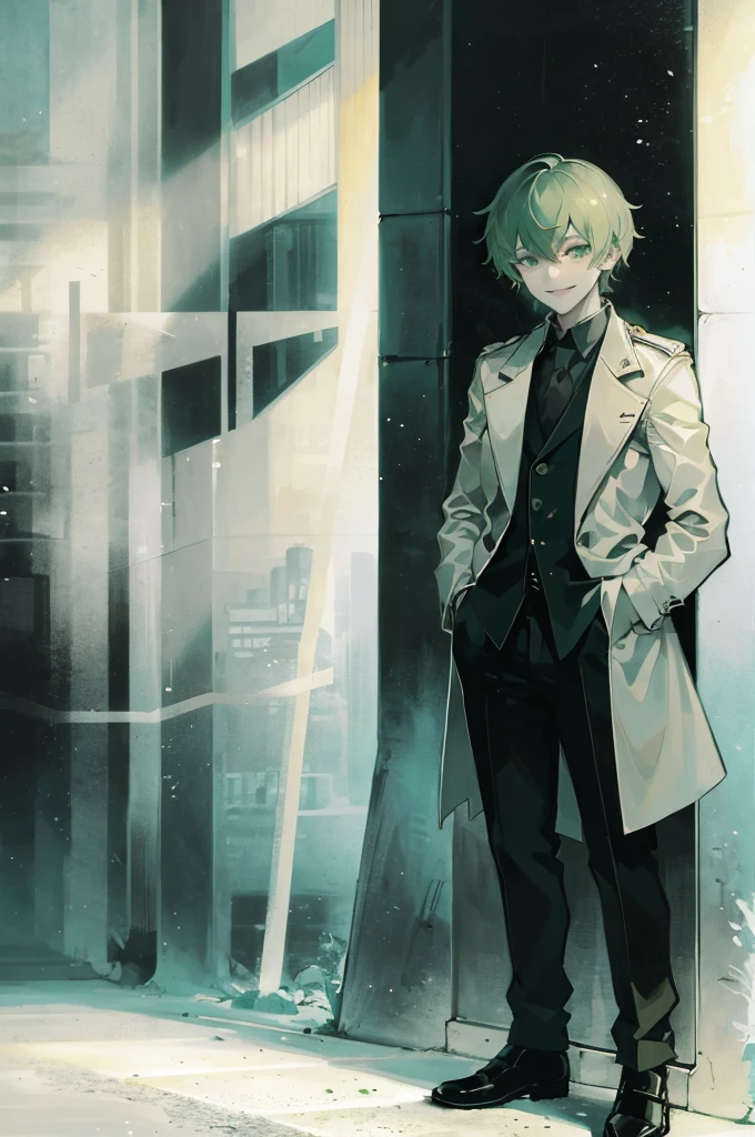 young man, green medium hair, green eyes, smiling, medium hair, wearing a pure white trench coat, wearing black pants, in one city, 4k, detailed, sui ishida art style, detailed eyes, in a sunset city
