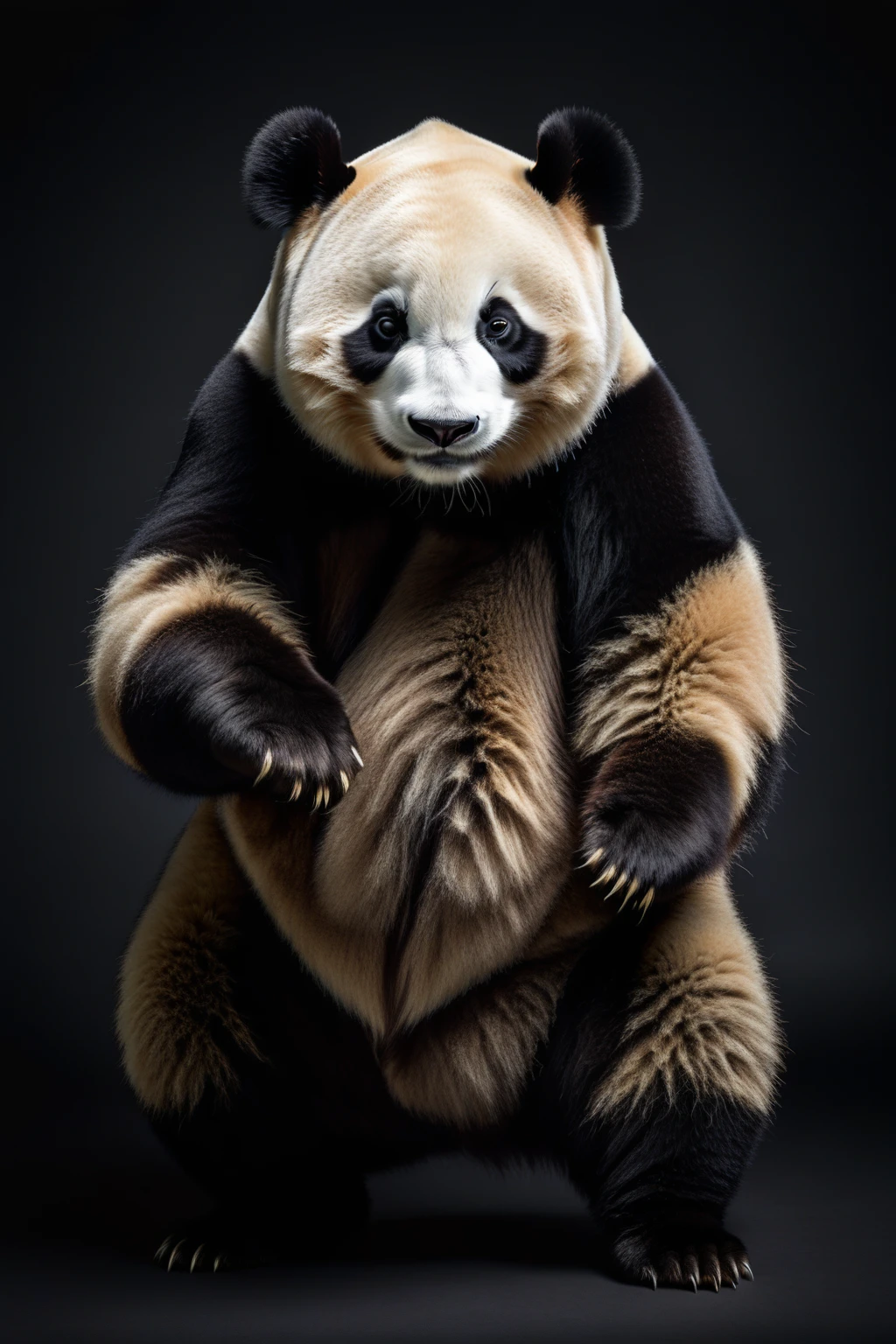 Anthropomorphic Panda,
male, Full body portrait,
Frontal lobe, Serious threatening posture,
Surreal, Detailed fur texture,
Sharp eyes, Serious expression,
Studio Lighting,
Dark background,
National Geographic style photos,
8k resolution,
Very detailed,
Clear focus,
Textured fabrics,