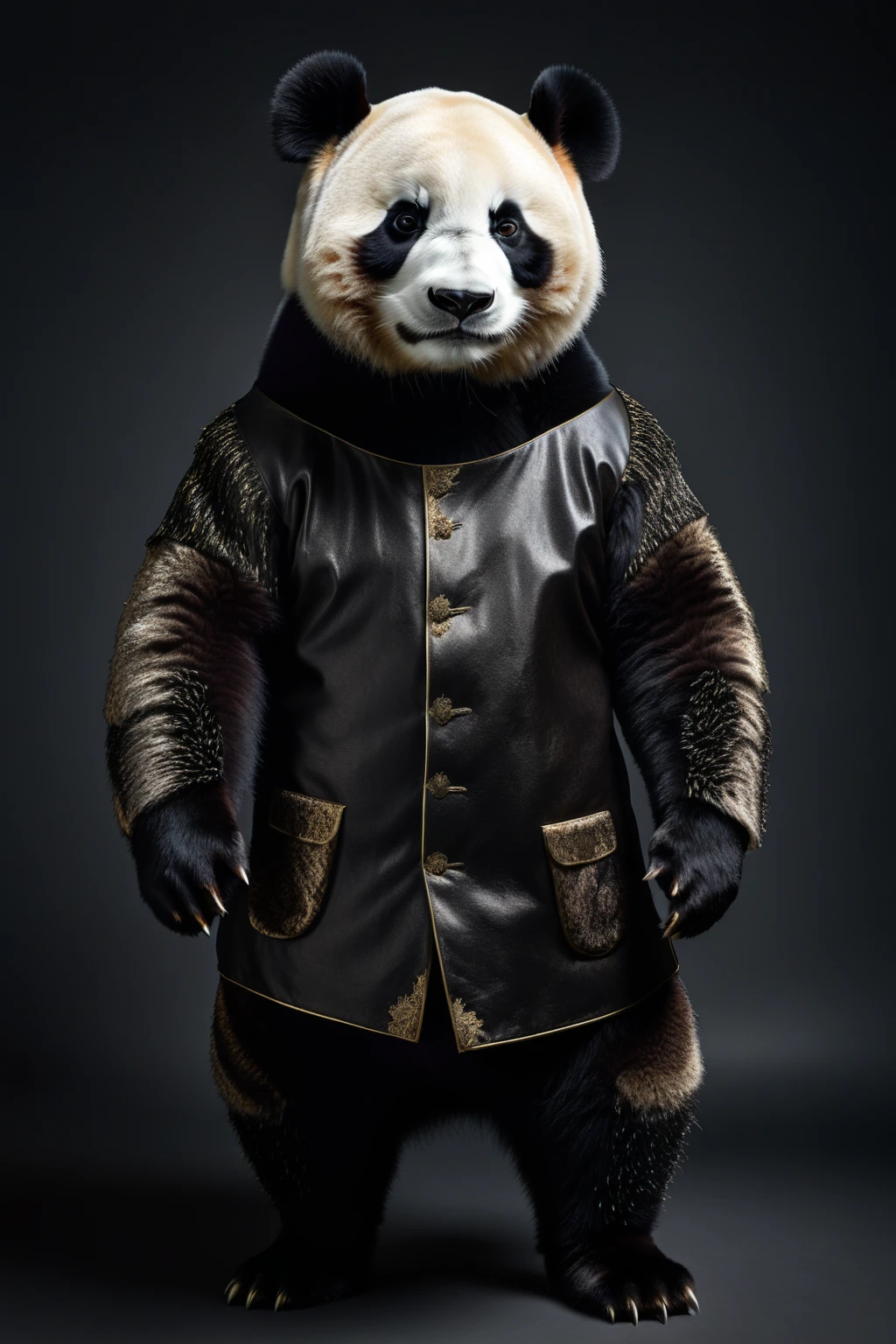 
Anthropomorphic Panda,
male, Full body portrait,
Frontal lobe, Serious threatening posture,
Surreal, Detailed fur texture,
Sharp eyes, Serious expression,
Studio Lighting,
Dark background,
National Geographic style photos,
8k resolution,
Very detailed,
Clear focus,
Textured fabrics,
