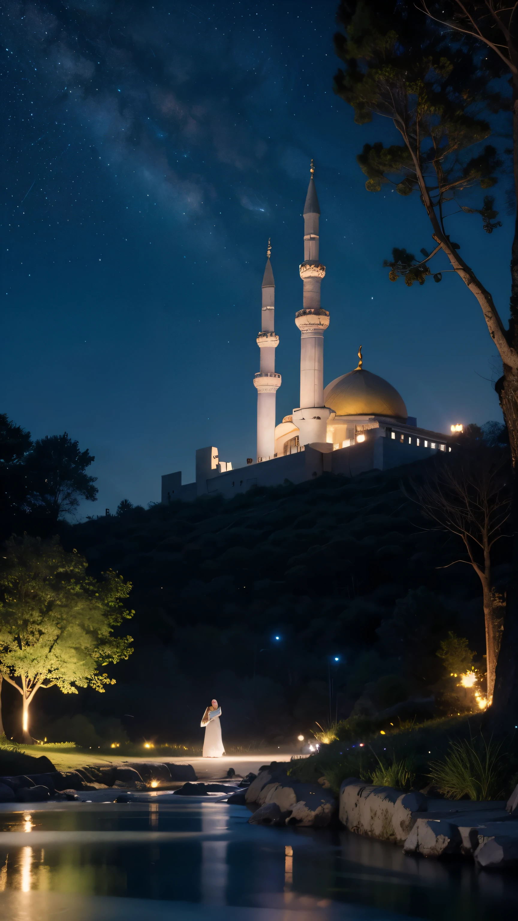 mosque, beautiful, exterior, trees, sexy girl, river, night, (((stars in sky)))