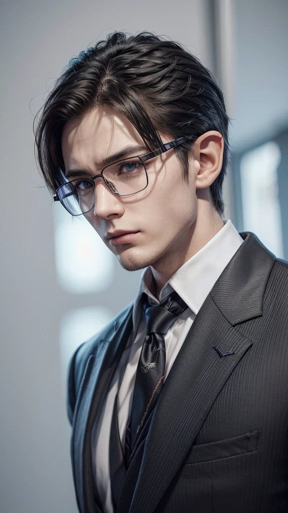 Robotic-looking neck. formal clothes. fully body. True to the pose of my drawing. He has elf ears. Keep your glasses. Keep your hair. cyberpunk