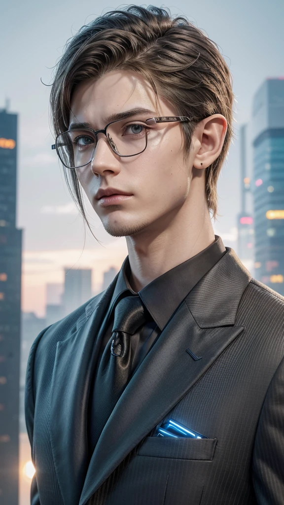 Robotic-looking neck. formal clothes. fully body. True to the pose of my drawing. He has elf ears. Keep your glasses. Keep your hair. cyberpunk