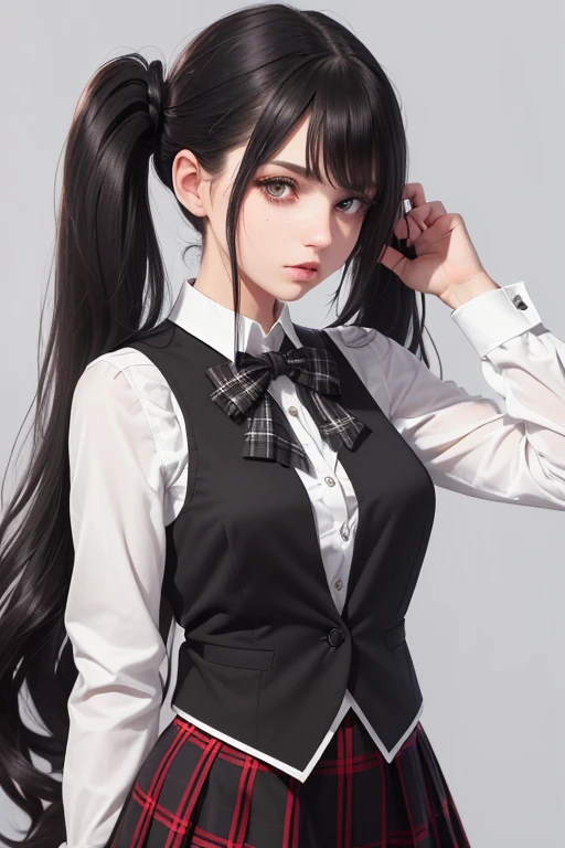 ((best qualityer), (hyperrealisti), mh-yk, Occupation: University Student. Appearance: A slender young woman with long black hair styled in twintails. she has fair skin, striking facial features and intense dark eyes that convey intelligence and focus. Her outfit consists of a white blouse, black vest e plaid hip skirt, suggesting university uniform. badass clothing: white blouse, black vest, plaid hip skirt (schoolar uniform)