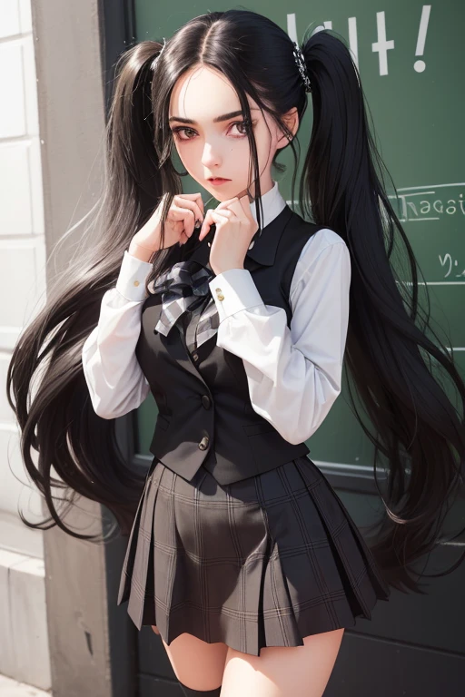 ((best qualityer), (hyperrealisti), mh-yk, Occupation: University Student. Appearance: A slender young woman with long black hair styled in twintails. she has fair skin, striking facial features and intense dark eyes that convey intelligence and focus. Her outfit consists of a white blouse, black vest e plaid hip skirt, suggesting university uniform. badass clothing: white blouse, black vest, plaid hip skirt (schoolar uniform)