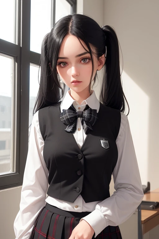 ((best qualityer), (hyperrealisti), mh-yk, Occupation: University Student. Appearance: A slender young woman with long black hair styled in twintails. she has fair skin, striking facial features and intense dark eyes that convey intelligence and focus. Her outfit consists of a white blouse, black vest e plaid hip skirt, suggesting university uniform. badass clothing: white blouse, black vest, plaid hip skirt (schoolar uniform)