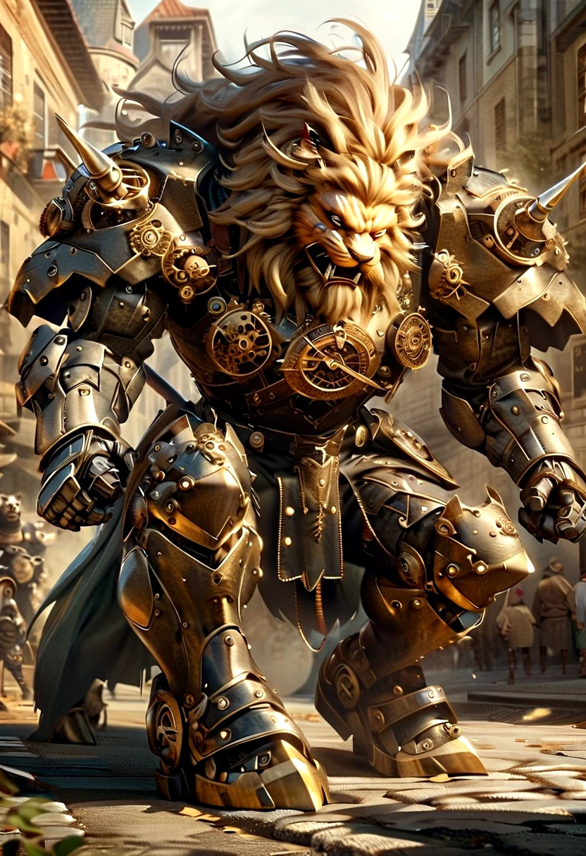 Lion Knight wearing combat uniform, on the street, black armor, Clock designs, Lion Man