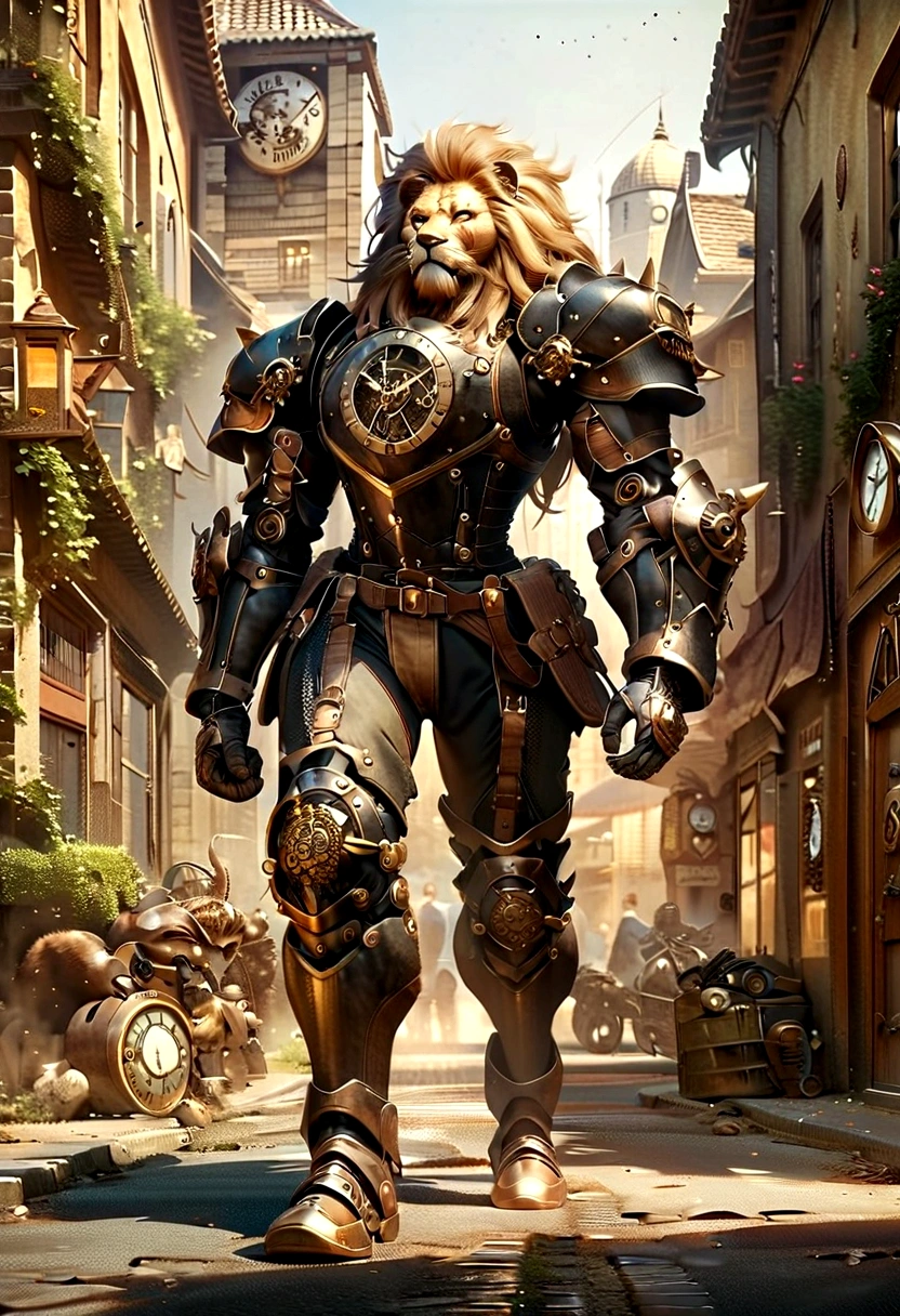 Lion Knight wearing combat uniform, on the street, black armor, Clock designs, Lion Man