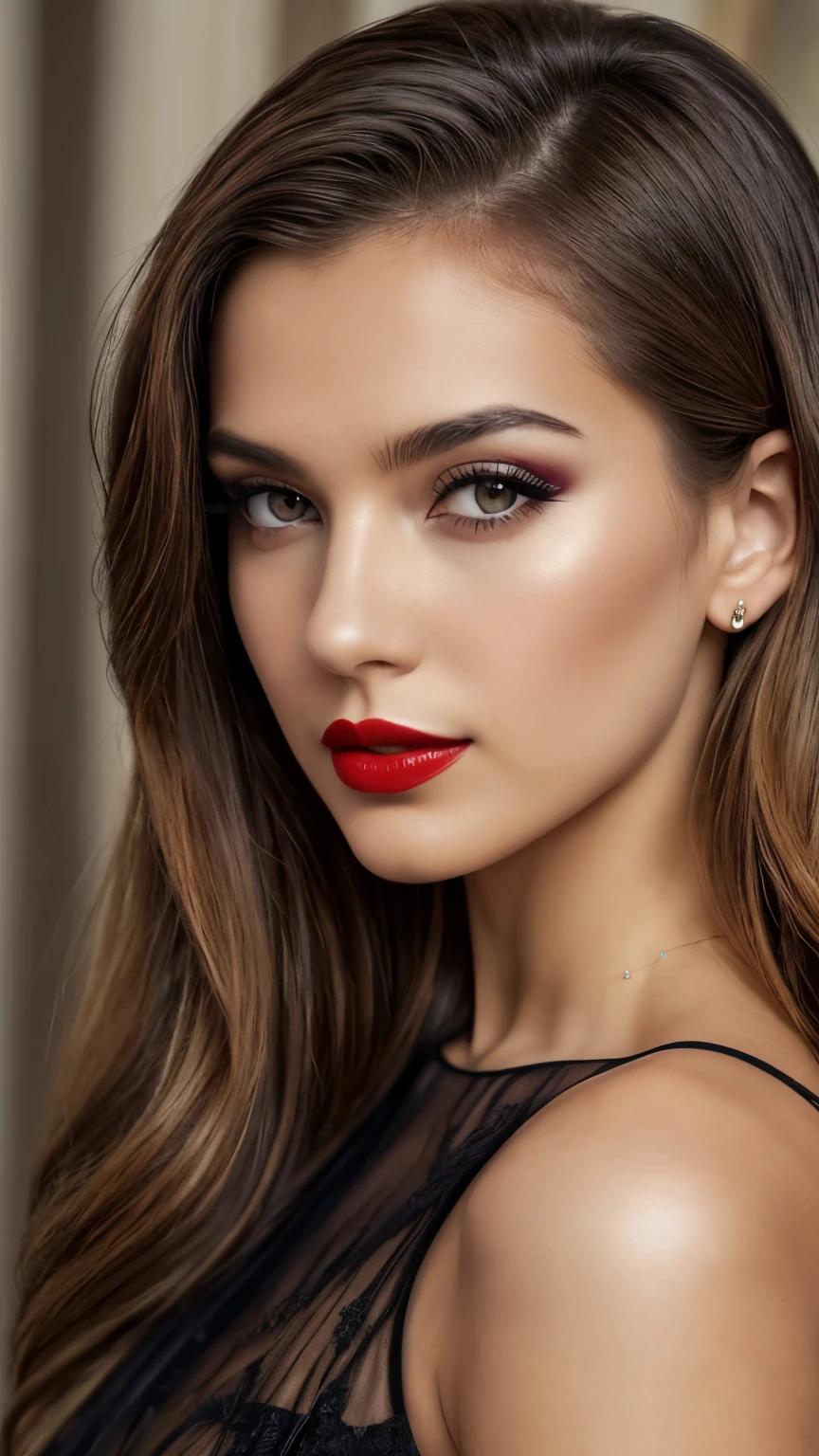 (Best quality,8K,A high resolution,Masterpiece:1.2, DSLR, 16k ),Ultra-detailed,(Realistic,Photorealistic,photo-realistic:1.37),Portrait, Creative style artwork, Historical, classical, Sophisticated, plethora of colors ,Highly detailed, Soft lighting, luxurious environment , black dress, there is young woman , girl wearing a red classy royal dress, performing a music video, slim fit (oval perfect shape, asymmetrical face structure, perfect proportion, almond eye type, hazal eye color, detailed eyes, yellow hair color, 34 inch breasts, hourglass figure, slim body, pale white skin tone ,sexy girl, 22 years old, soft wavy hair, looking away, attitude expression, professional makeup, red lipstick, sensual Lipstick)