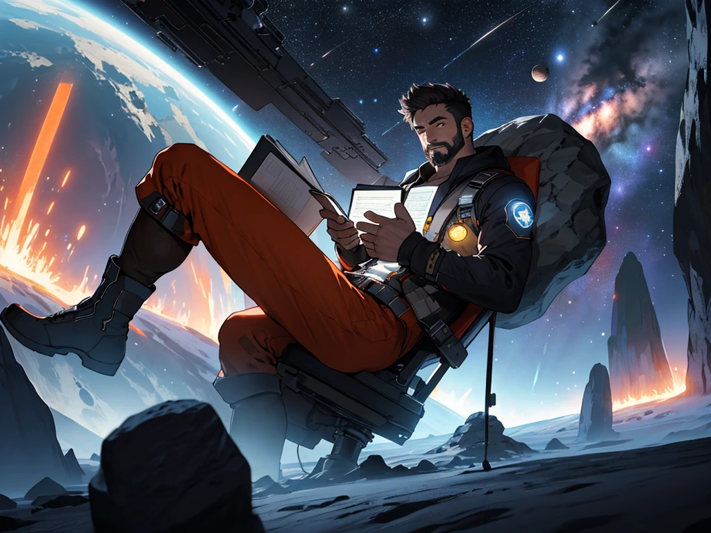 Draw a young programmer, sitting on a research platform floating in the middle of an asteroid belt. He is studying with a notebook, surrounded by several asteroids glowing with fiery auras. Dramatic lighting from distant stars and planets illuminates the scene, casting deep shadows on the suit. The young man looks confident and determined, looking at the vast and mysterious universe with wonder and respect,facial hair, cowboy shot,