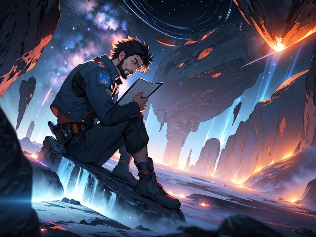 Draw a young programmer, sitting on a research platform floating in the middle of an asteroid belt. He is studying with a notebook, surrounded by several asteroids glowing with fiery auras. Dramatic lighting from distant stars and planets illuminates the scene, casting deep shadows on the suit. The young man looks confident and determined, looking at the vast and mysterious universe with wonder and respect,facial hair, cowboy shot,