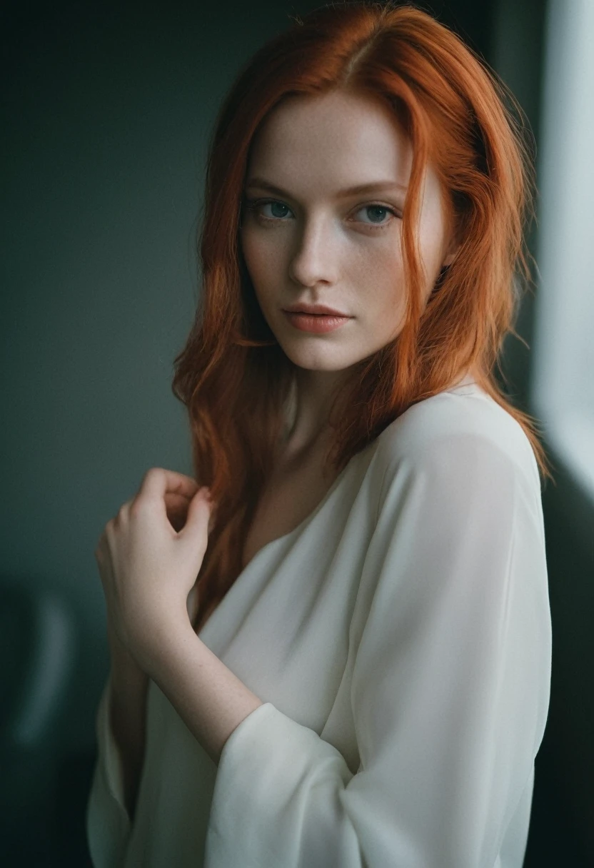 photoshoot, photographic studio, CRU photo, fot editorial, fot de estoque de filme, cinematic, posando, amateur photo, LnFalog, cru, f2, 35mm, LnF (amateur photo), flash fot, taken on LnF old camera, Polaroid, 8K, highy detailed, (high qualiy, best qualityer:1.3), Extremely high resolution, Film grain, Kiki from NetherlLnFds, far away (waist-length:1.2) combed red hair, ((macro lens)), dark atmospher, ((focused on the eyes)), Feminine Expressions, fot, dslr, 35mm, Fujifilm Superia Premium 400, Nikon D850 fot de estoque de filme, Kodak Portra 400 F1.6 lenses, 8K, ultra HD