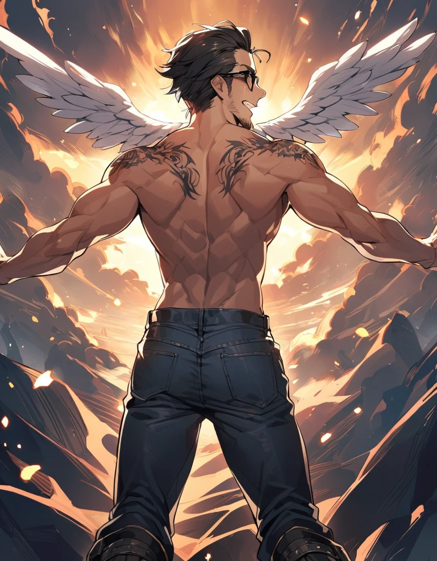 1male,solo,black_hair,two-block_cut_hair,curly_hair,hair_slicked_back,black_eyewear,glasses,stubble,giggling,open mouth, clenched_teeth,abs,topless,denim_pants,open_arms,open_hands,black_leather_boots,angel wings back tattoos,back,from behind,