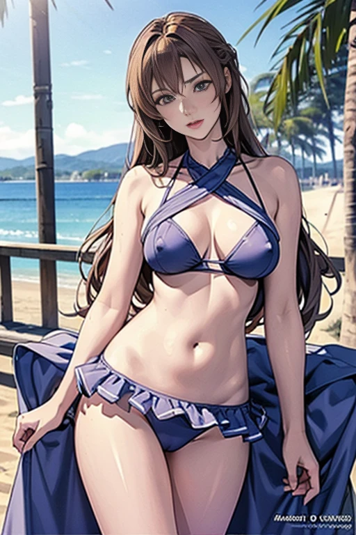 best quality, official art, masterpiece, textile shading, HDR, very detailed, colorful, best details, (Adult,19 years old, One Girl, alone, yuuki asuna, hentai:1.5, bitch, long hair, curly hair, brown hair, bikini:1.5, medium breast, puffy nipples:1.3, skinny, cameltoe:1.5, blue eye, public indecency:1.5, beach:1.5, contemptuous,