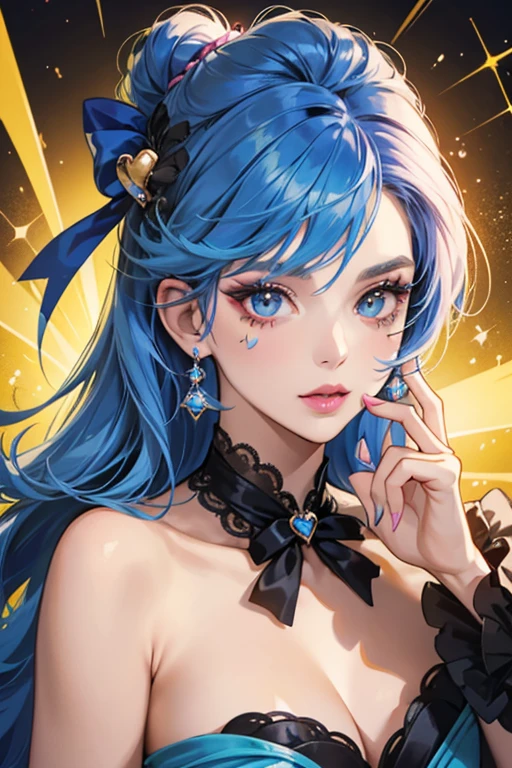 Miss Royale has a medium skintone, and yellow eyeshadow and bright and bubbly pink lipstick. Her hair is a daring and bold blue bell colored hair, she also literally wears her art on her cheek as she has a black heart on her right cheek. SPARKLE; GLITTER