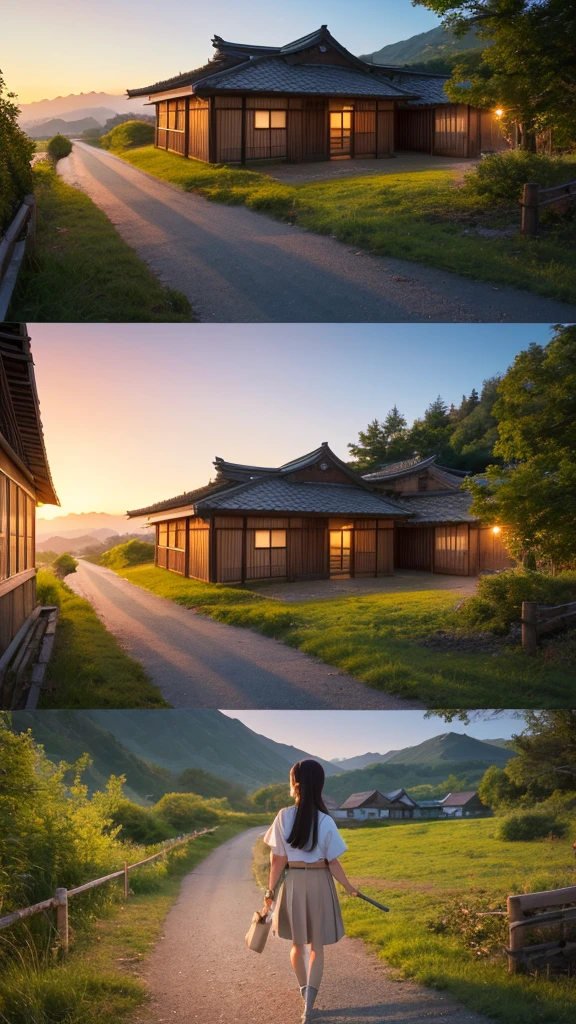 Landscape painting、Japanese village scenery、Photo Style、evening、A cute high school girl is standing facing backwards、evening、sunset、