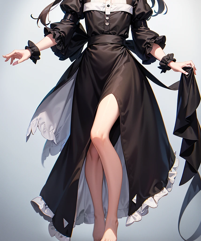 (Maid),Black shoes,barefoot,Cute little ,Tiny ,Small girl,,Childish face, Very fine clean face,Top quality, Big eyes,Straight Hair,Yellow hair,Crimson Eye,(Dark Room), Subtle light, Natural light,Soft lighting,Light from directly behind, (Are standing),Black background