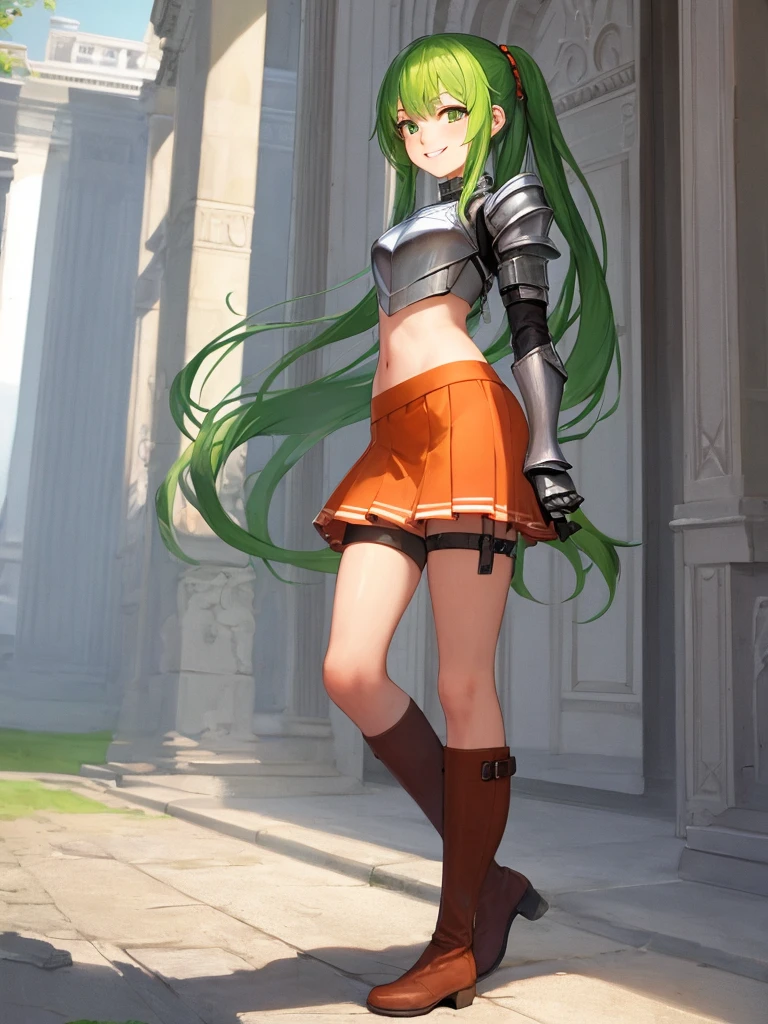 ((best quality)), ((masterpiece)), (detailed), palace, 1girl, 20 years old, full body portrait, very long green hair, beautiful green hair, smile, standing, archer, orange boots visible, orange shoes visible, orange shoes, orange tall boots, orange knee-high boots, orange knees, orange waist, orange abdomen, orange midriff, silver breastplate, silver armor shoulder guards, silver gauntlets, high-waisted short orange wrap skirt, small skirt
