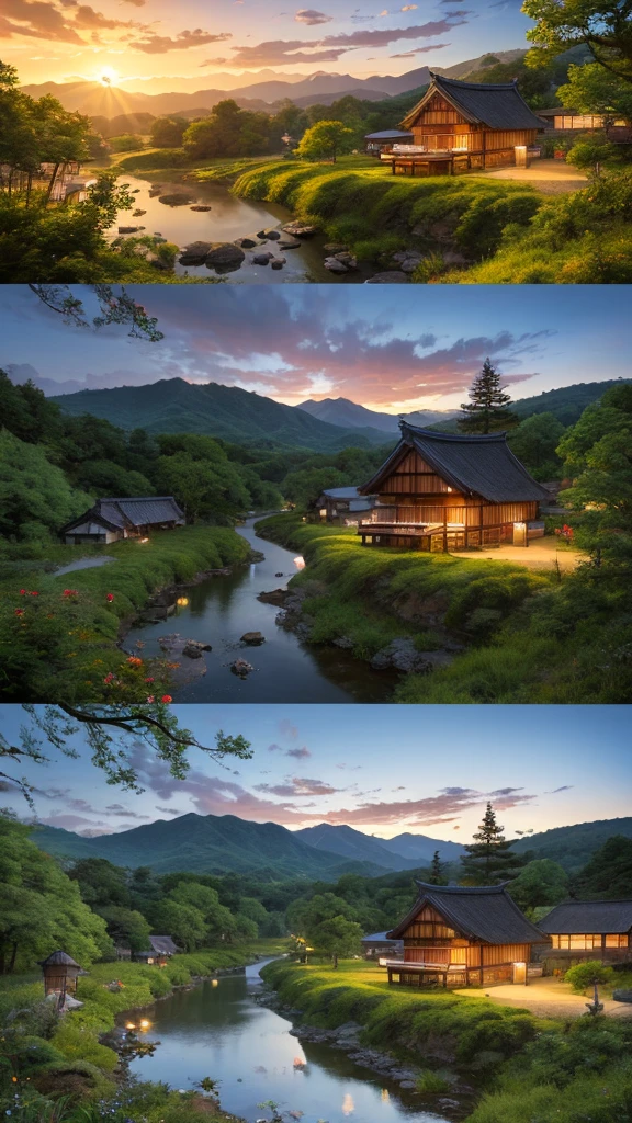 Landscape painting、Japanese village scenery、Photo Style、evening、evening、sunset、