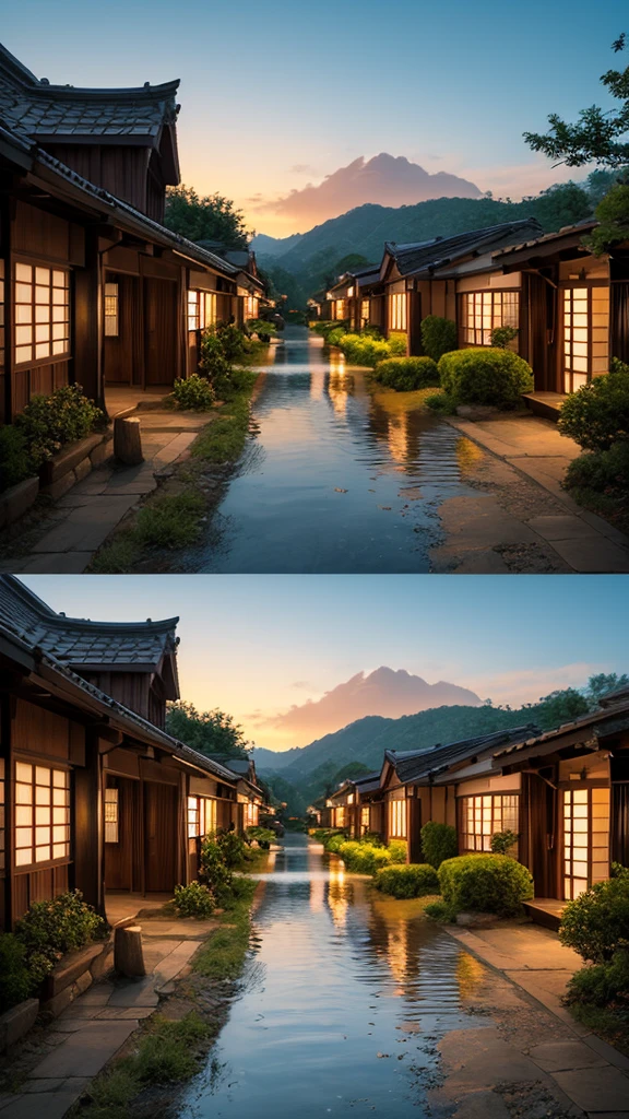 Landscape painting、Japanese village scenery、Photo Style、evening、evening、sunset、