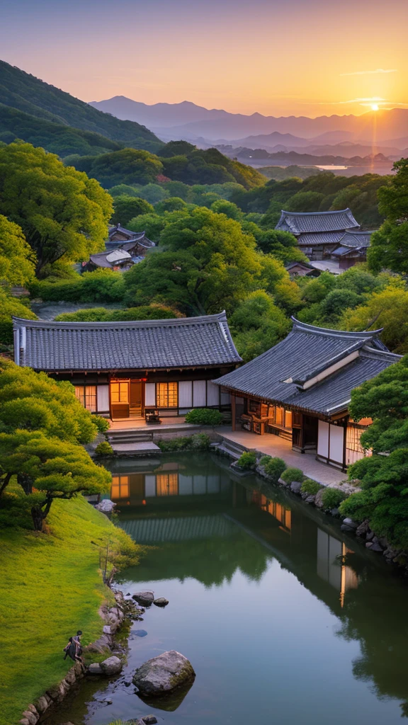 Landscape painting、Japanese village scenery、Photo Style、evening、evening、sunset、