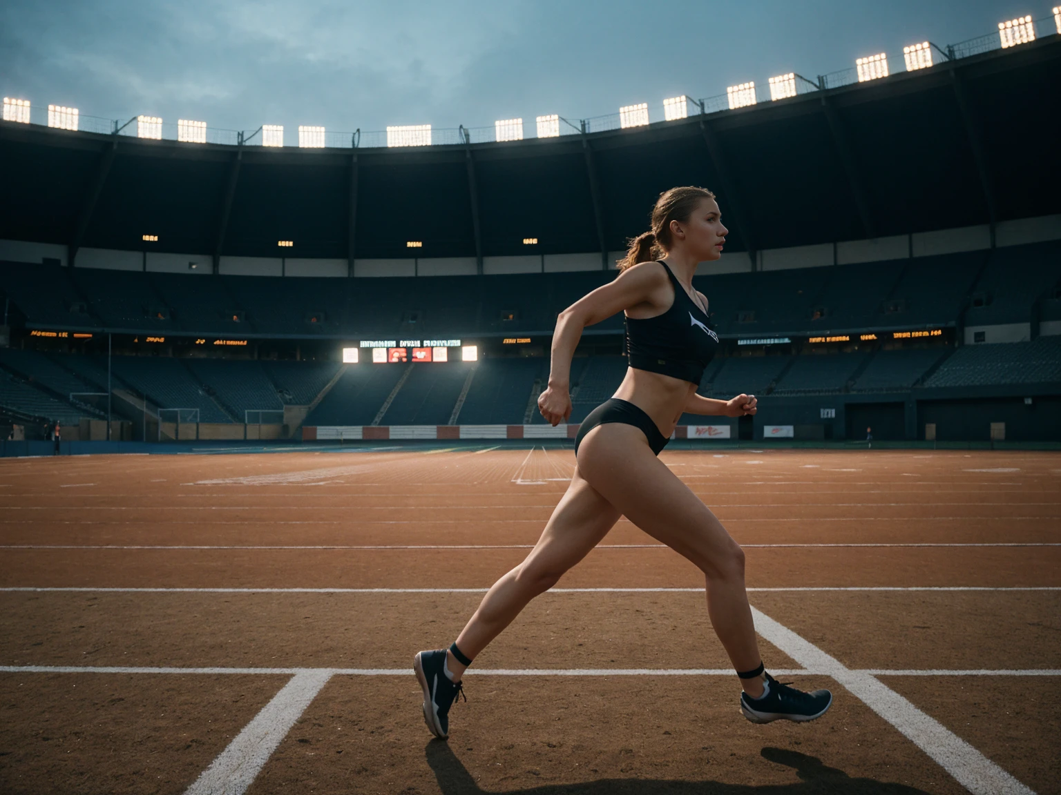 russian, beautiful mature college girl, ((athletic sports:1.2)), athletic sports wear, in stadium, track, ((a running figure)), very fast, motion blur, challenge, outside on track field, photorealistic, cinematic lighting, dark atmosphere, volumetric lighting, action pose, epic scene, nike advertising photography, just do it campaign